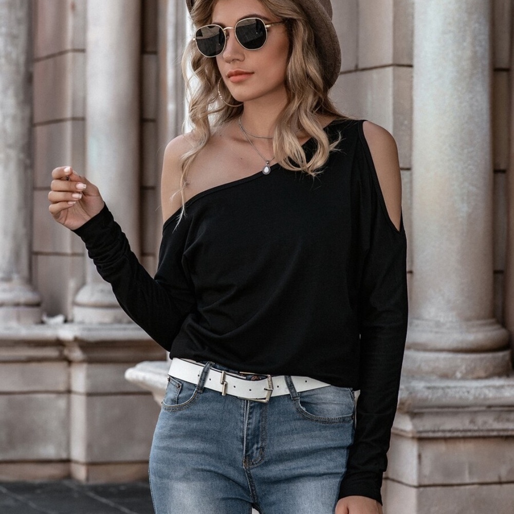 h. grey one shoulder asym long sleeve top - Picture 5 of 8